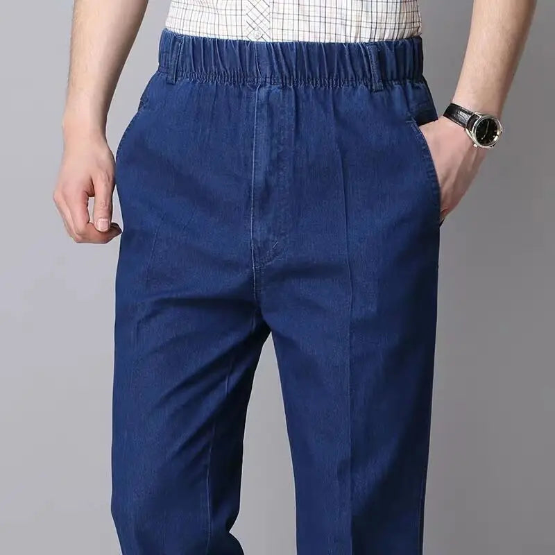 Durable Outdoor Work Wear Straight Jeans Trousers Men Elastic Waist Casual Wide Leg Thick Cotton Denim Pants Classic Loose Dad