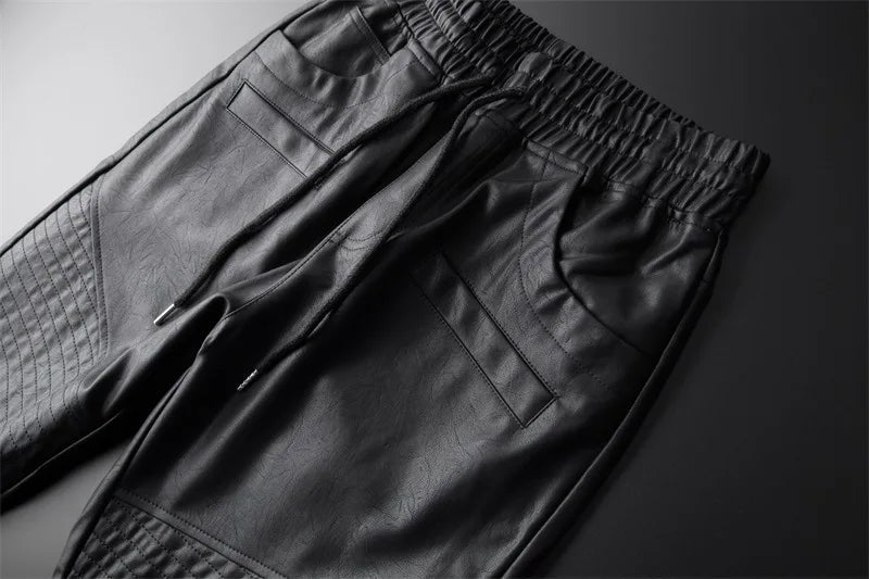 Men's Leather Pants Superior Quality Elastic Waist Jogger Pants PU Leather Motorcycle Trousers Biker's Pants