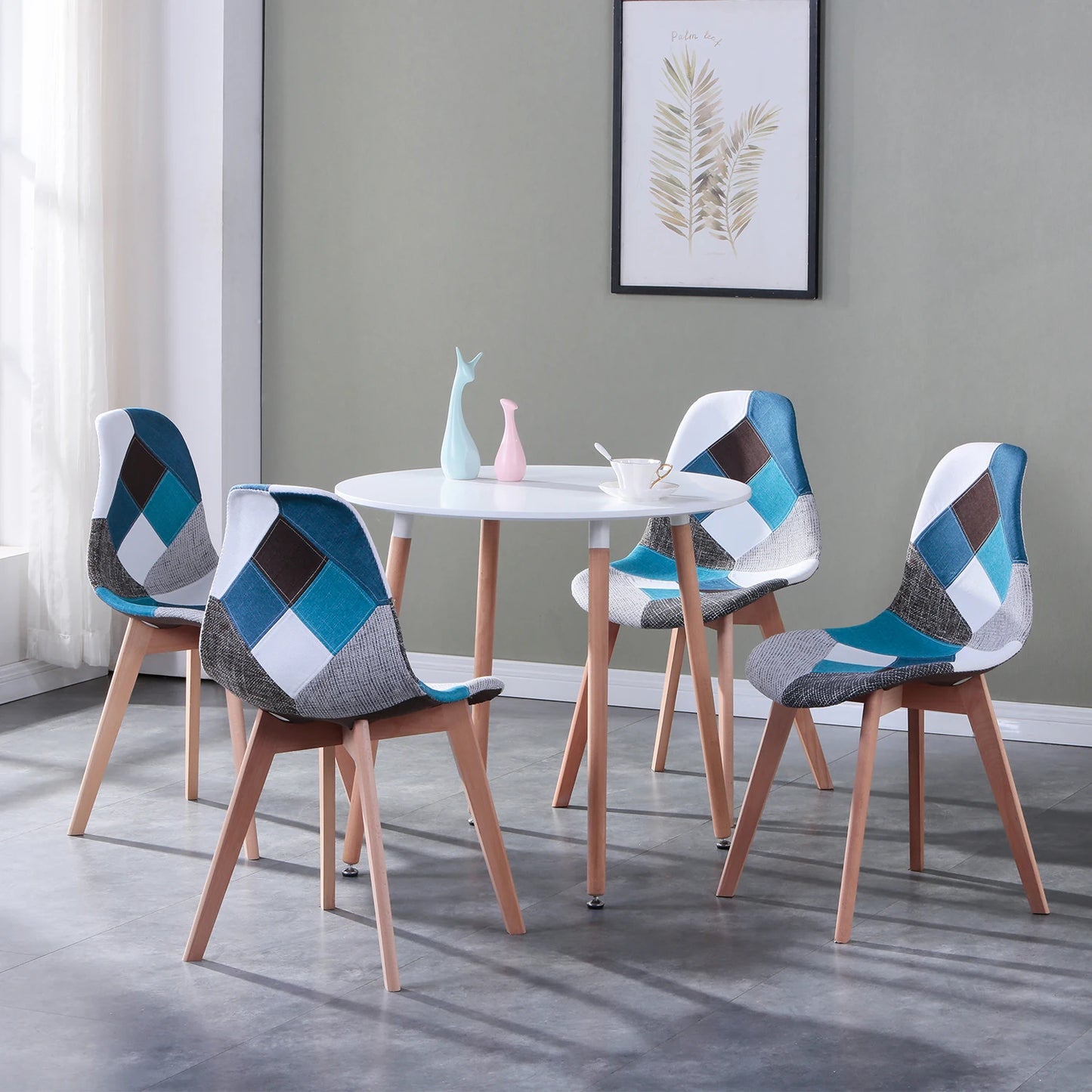 Set of 4 Nordic Dining Chairs Patchwork Frabic Chairs and Round Dining Table Set for Kitchen Restaurant Dining Room Lounge Room