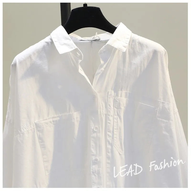 Casual Button Cotton White Women's Shirt Spring Long Sleeve Solid Loose Blouses Office Lady Elegant Tops