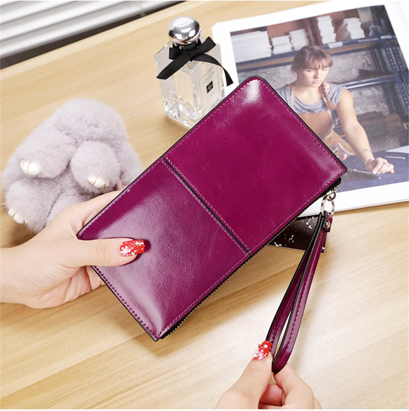 Women's Vintage Oil Wax Leather Zipper Clutch Wallet Female Large Capacity Coin Purse Ladies Wristband Simple Card Holder Wallet