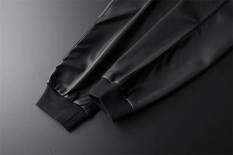 Men's Leather Pants Superior Quality Elastic Waist Jogger Pants PU Leather Motorcycle Trousers Biker's Pants