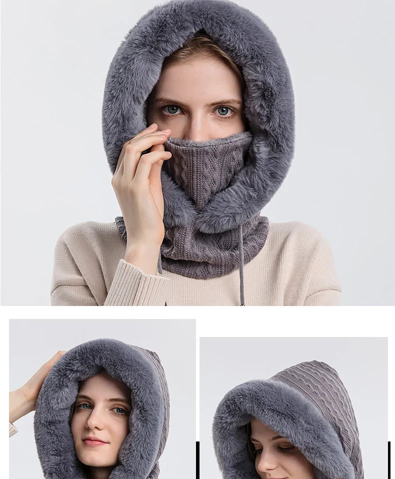 Winter Fur Cap Mask Set Hooded for Women Knitted Cashmere Neck Warm Balaclava Ski Windproof Hat Thick Plush Fluffy Beanies hood