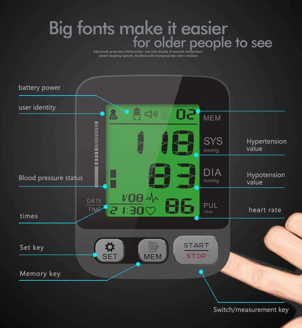 جهاز قياس ضغط الدم الرقمي LCD من JianYouCare، جهاز قياس معدل ضربات القلب، جهاز قياس ضغط الدم المحمول، جهاز قياس ضغط الدم الكبير
