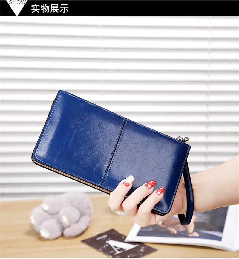 Women's Vintage Oil Wax Leather Zipper Clutch Wallet Female Large Capacity Coin Purse Ladies Wristband Simple Card Holder Wallet