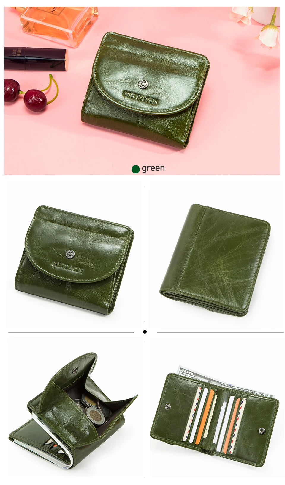 CONTACT'S Genuine Leather Short Wallets for Women Fashion Card Holder Money Clip Coin Purse Female Mini Wallet Women's Bag Purse