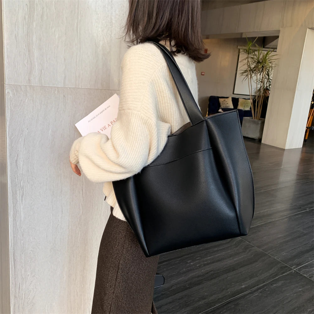 Sac fourre-tout décontracté en cuir souple de haute qualité pour femme, couleur unie, grande capacité, sac à bandoulière simple avec poche extérieure