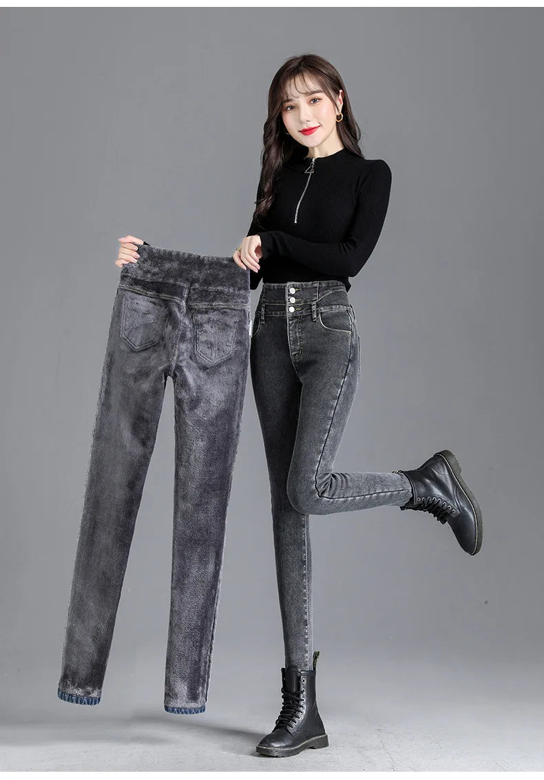 Thermal Winter Thick Fleece High-waist Warm Skinny Jeans Thick Women Stretch Button Pencil Pants Mom Casual Velvet Jeans