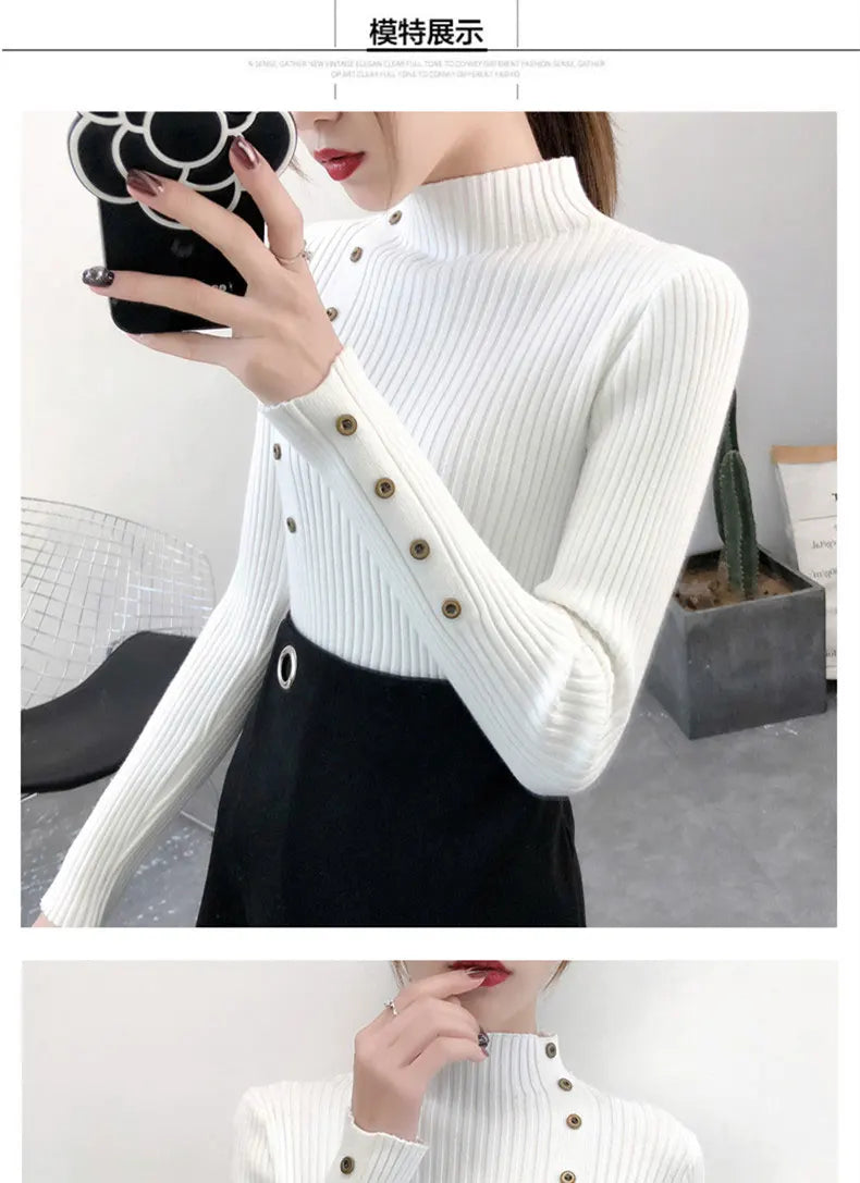 2023 Women Autumn Knitted Slim Sweaters Solid Knitted Female Cotton Soft Elastic Color Pullovers Button Full Sleeve Turtleneck