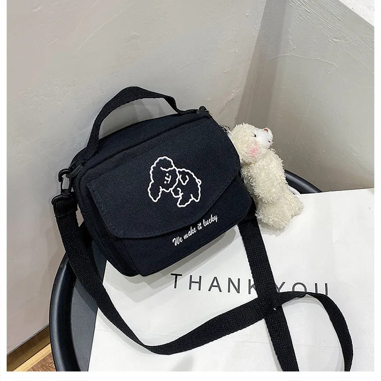 Ladies Fashion Canvas Small Square Bag Korean Version Multifunctional Cute Dog One-shoulder Diagonal Mobile Phone Package