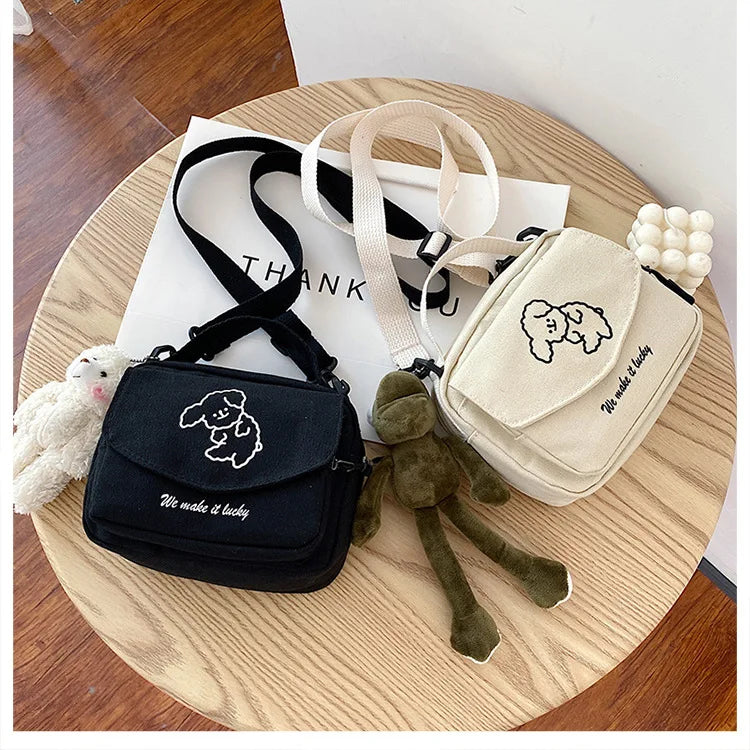 Ladies Fashion Canvas Small Square Bag Korean Version Multifunctional Cute Dog One-shoulder Diagonal Mobile Phone Package