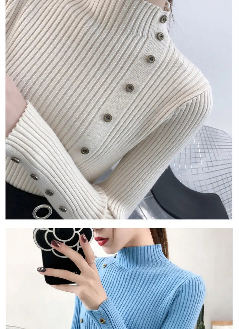 2023 Women Autumn Knitted Slim Sweaters Solid Knitted Female Cotton Soft Elastic Color Pullovers Button Full Sleeve Turtleneck