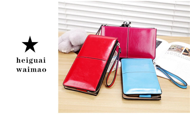 Women's Vintage Oil Wax Leather Zipper Clutch Wallet Female Large Capacity Coin Purse Ladies Wristband Simple Card Holder Wallet