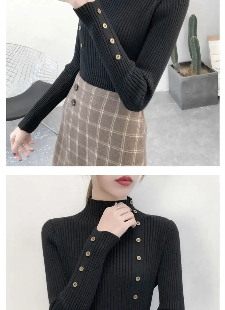 2023 Women Autumn Knitted Slim Sweaters Solid Knitted Female Cotton Soft Elastic Color Pullovers Button Full Sleeve Turtleneck