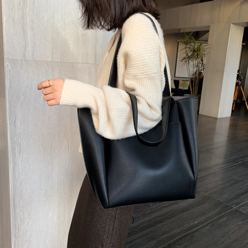 Sac fourre-tout décontracté en cuir souple de haute qualité pour femme, couleur unie, grande capacité, sac à bandoulière simple avec poche extérieure