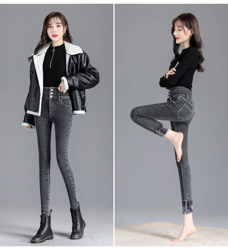 Thermal Winter Thick Fleece High-waist Warm Skinny Jeans Thick Women Stretch Button Pencil Pants Mom Casual Velvet Jeans