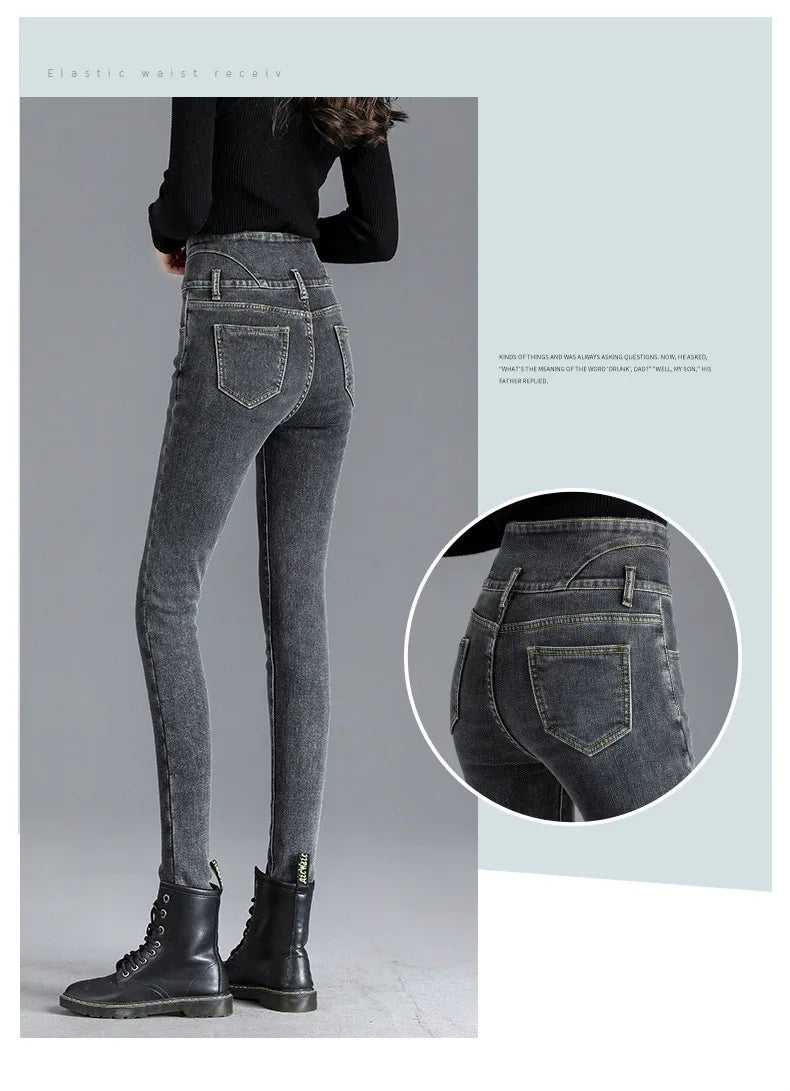 Thermal Winter Thick Fleece High-waist Warm Skinny Jeans Thick Women Stretch Button Pencil Pants Mom Casual Velvet Jeans