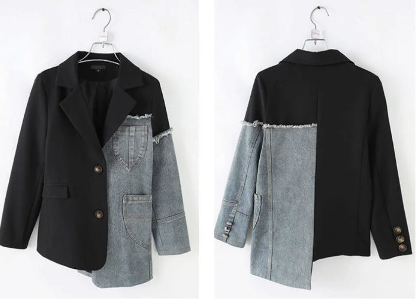 Women's Denim Patchwork Blazer Jacket, Casual Jacket