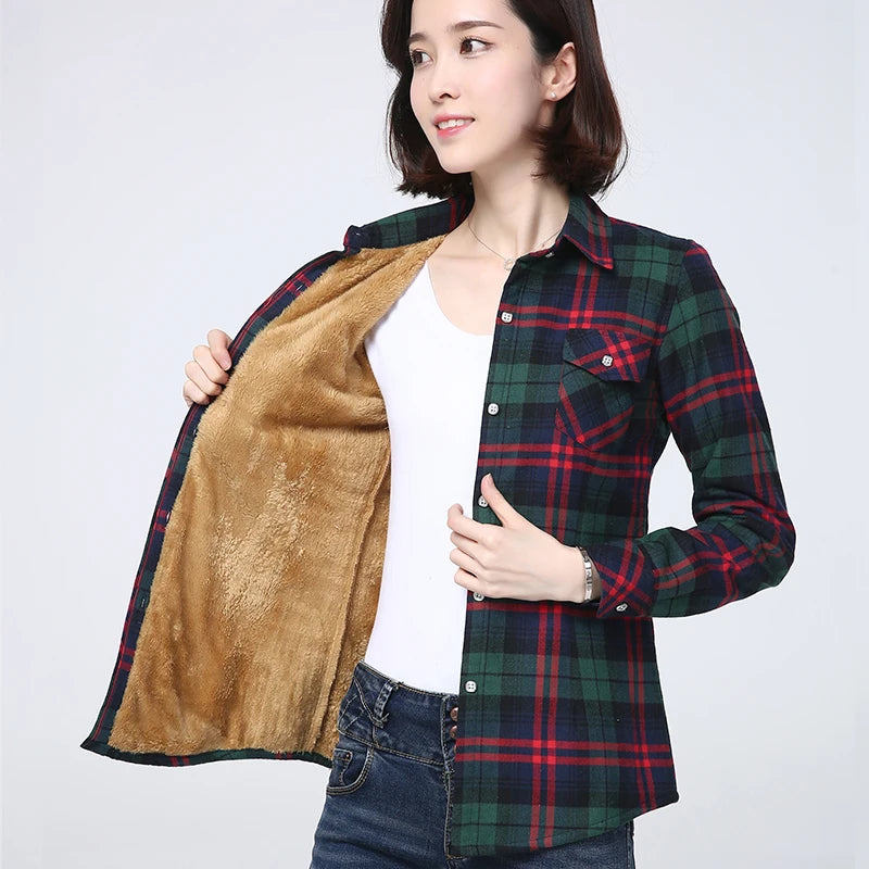 2023 Winter New Women's Warm Plaid Shirt Coat Casual Fleece Velvet Plus Thicke Tops Brand College Style Woman Clothes Outerwear