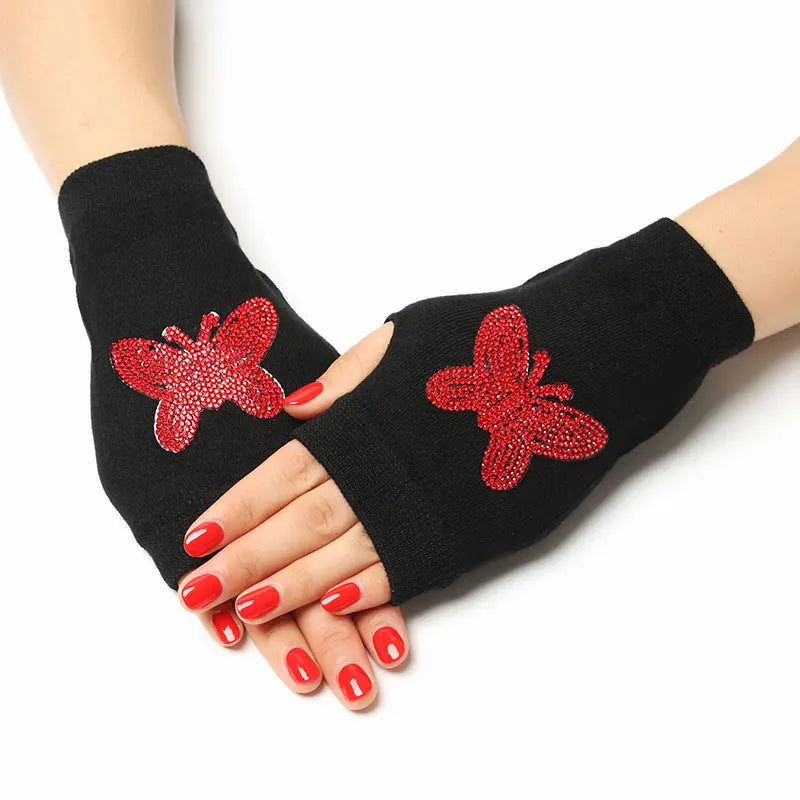 Jolis gants tricotés sans doigts à motifs d'animaux de dessin animé, diamants, paillettes, cool pour les gants de personnalité créatifs d'hiver pour femmes