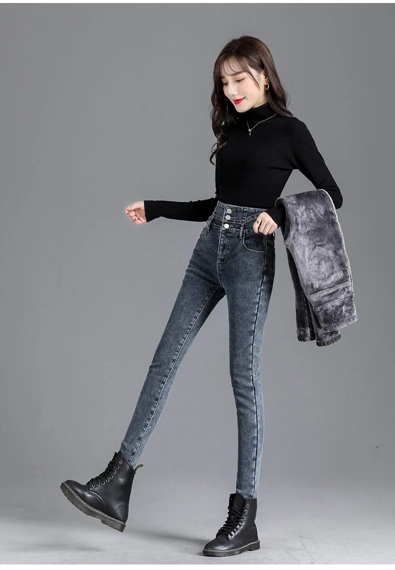 Thermal Winter Thick Fleece High-waist Warm Skinny Jeans Thick Women Stretch Button Pencil Pants Mom Casual Velvet Jeans