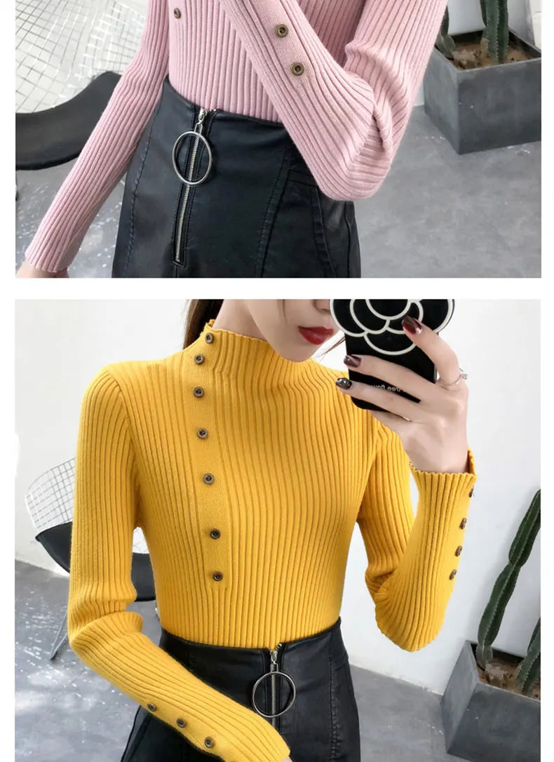 2023 Women Autumn Knitted Slim Sweaters Solid Knitted Female Cotton Soft Elastic Color Pullovers Button Full Sleeve Turtleneck