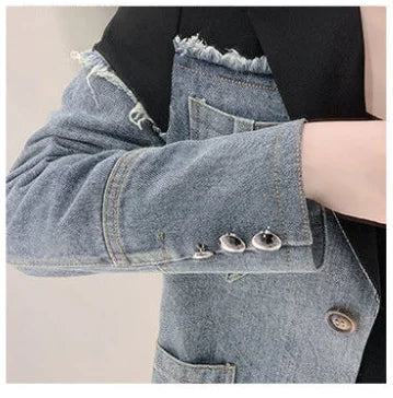 Women's Denim Patchwork Blazer Jacket, Casual Jacket