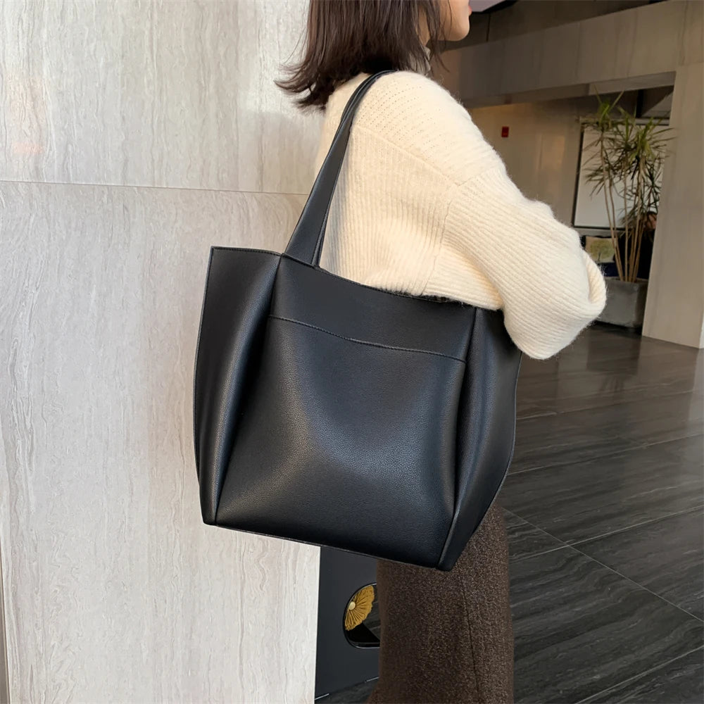 Sac fourre-tout décontracté en cuir souple de haute qualité pour femme, couleur unie, grande capacité, sac à bandoulière simple avec poche extérieure