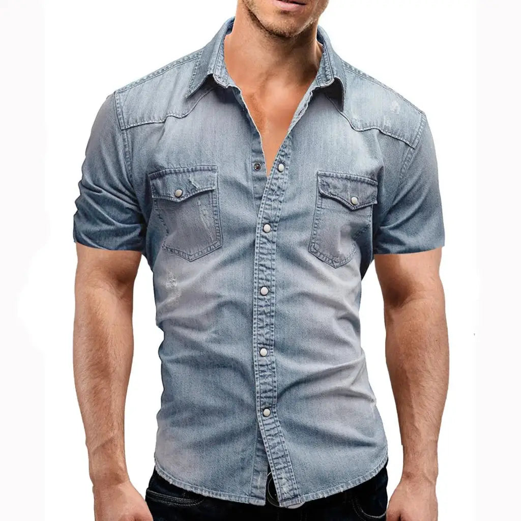 Men Summer Denim Thin Shirt Short Sleeve Soft Cotton Two Pockets Slim Slight Elastic Jeans Cowboy Shirt Clothing 2023