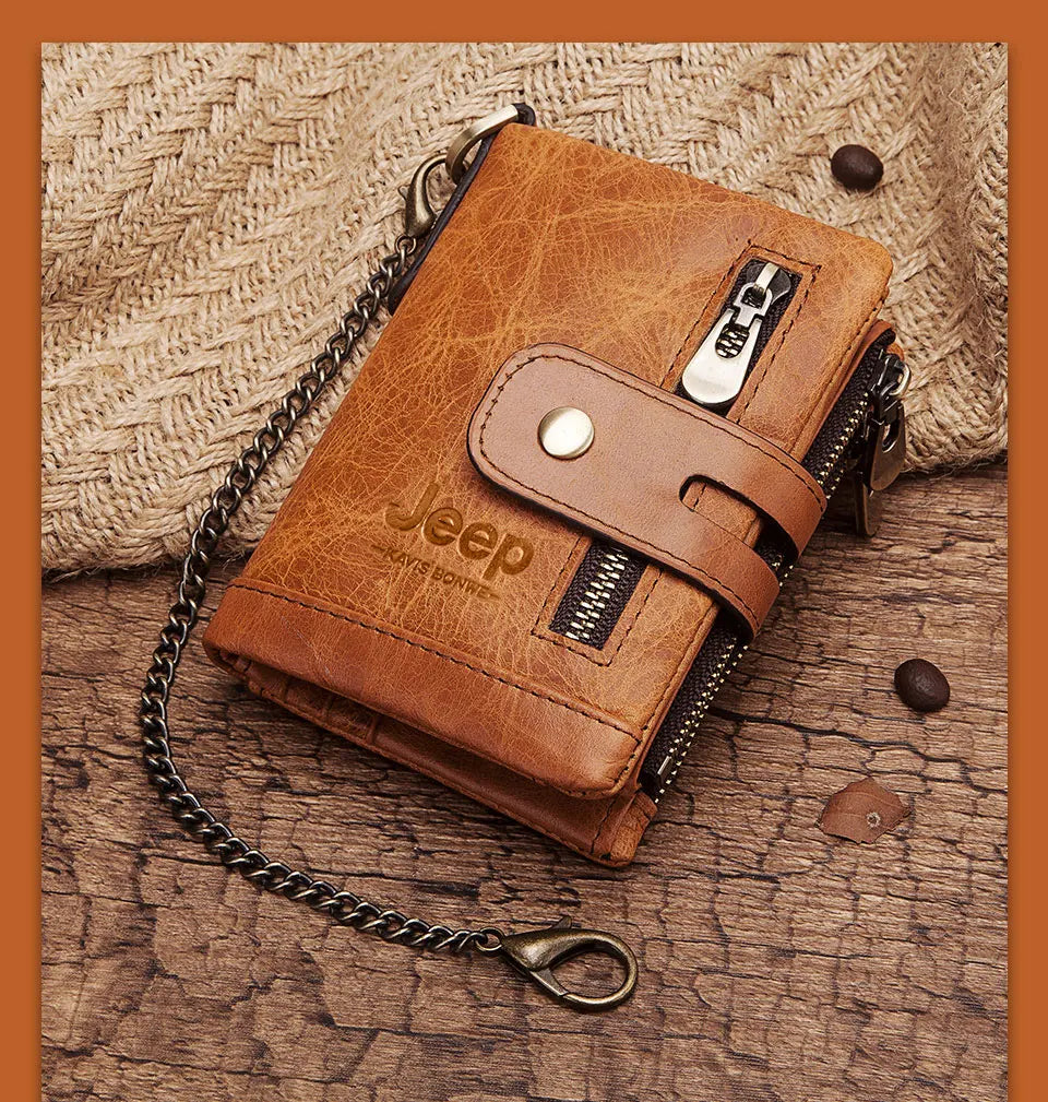 Hot Genuine Leather Men Wallet Coffee Coin Purse Mini Card Holder Chain PORTFOLIO Portomonee Male Walet Support Dropshiping