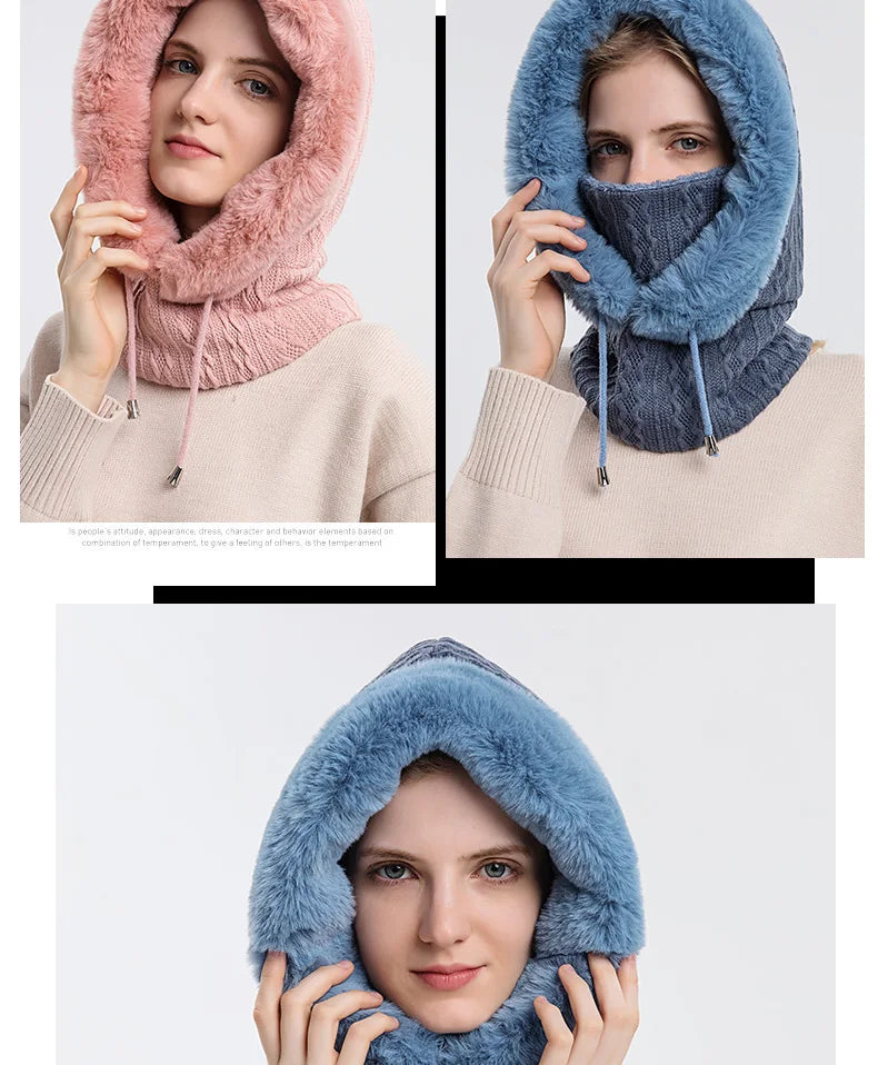 Winter Fur Cap Mask Set Hooded for Women Knitted Cashmere Neck Warm Balaclava Ski Windproof Hat Thick Plush Fluffy Beanies hood