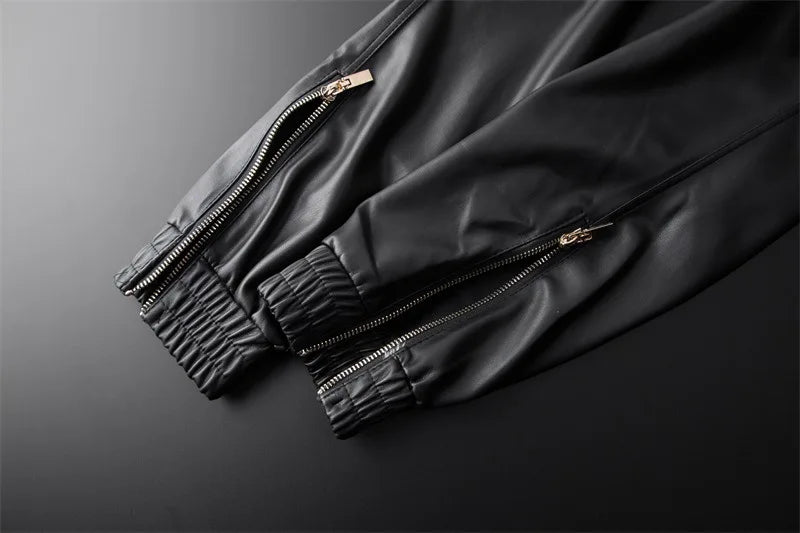 Men's Leather Pants Superior Quality Elastic Waist Jogger Pants PU Leather Motorcycle Trousers Biker's Pants