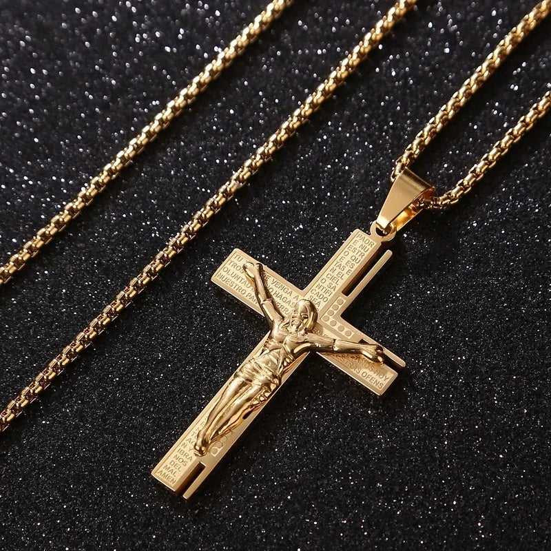 Collier avec pendentif religieux en forme de croix en plaqué or pour homme avec chaîne