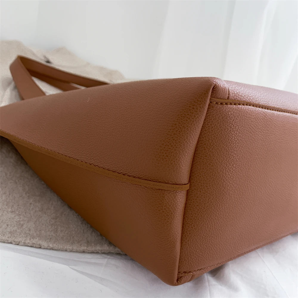 Sac fourre-tout décontracté en cuir souple de haute qualité pour femme, couleur unie, grande capacité, sac à bandoulière simple avec poche extérieure