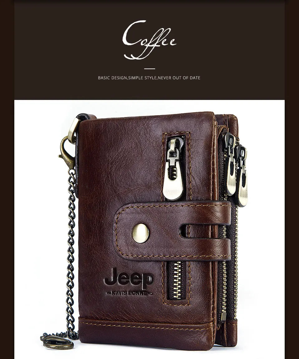 Hot Genuine Leather Men Wallet Coffee Coin Purse Mini Card Holder Chain PORTFOLIO Portomonee Male Walet Support Dropshiping