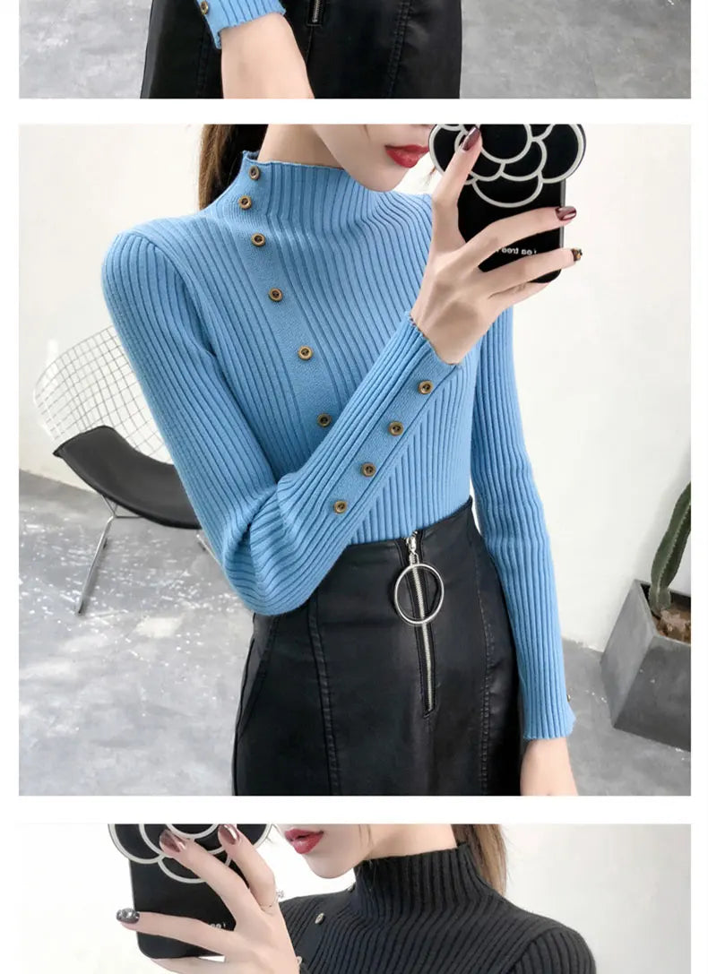 2023 Women Autumn Knitted Slim Sweaters Solid Knitted Female Cotton Soft Elastic Color Pullovers Button Full Sleeve Turtleneck