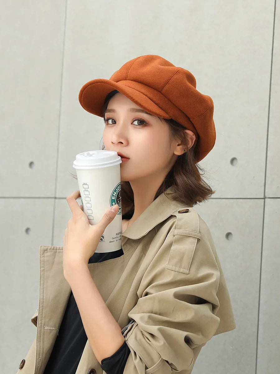 Autumn Winter Hats for Women Solid Plain Octagonal Newsboy Cap Men Ladies Casual Wool Winter Beret Women Painter