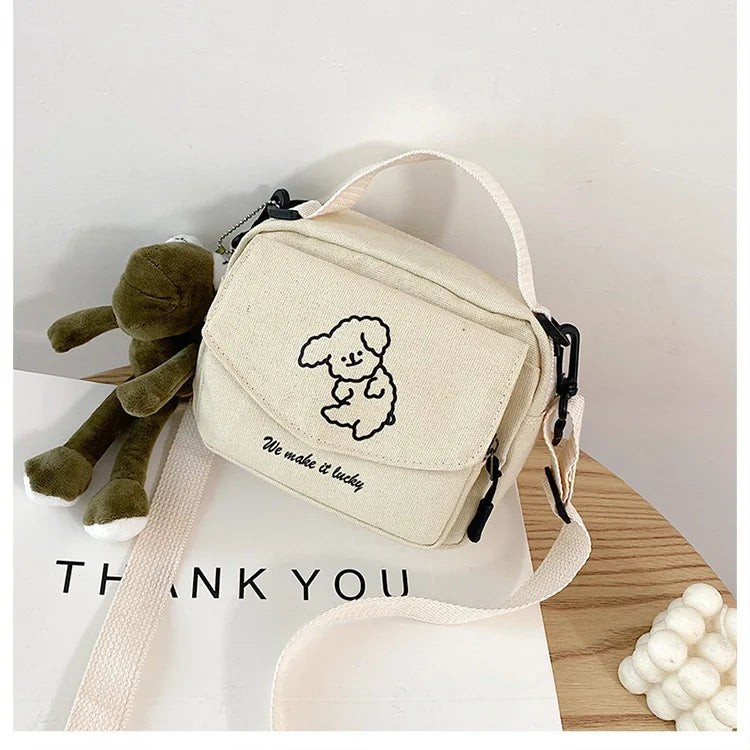 Ladies Fashion Canvas Small Square Bag Korean Version Multifunctional Cute Dog One-shoulder Diagonal Mobile Phone Package