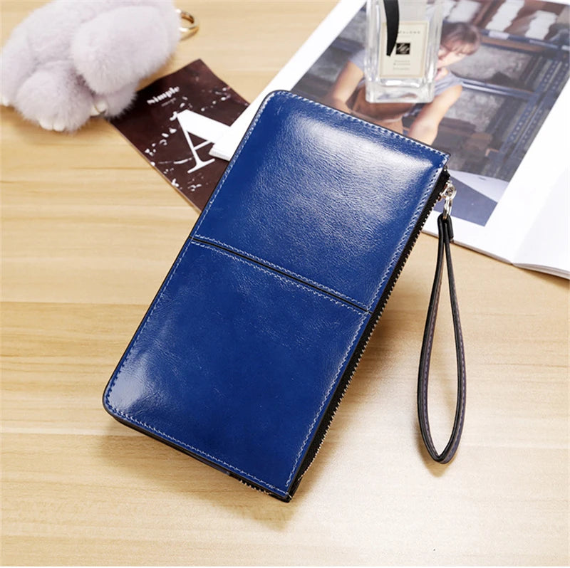 Women's Vintage Oil Wax Leather Zipper Clutch Wallet Female Large Capacity Coin Purse Ladies Wristband Simple Card Holder Wallet