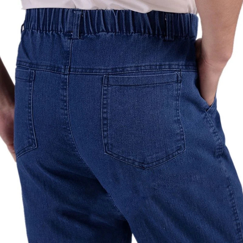 Durable Outdoor Work Wear Straight Jeans Trousers Men Elastic Waist Casual Wide Leg Thick Cotton Denim Pants Classic Loose Dad