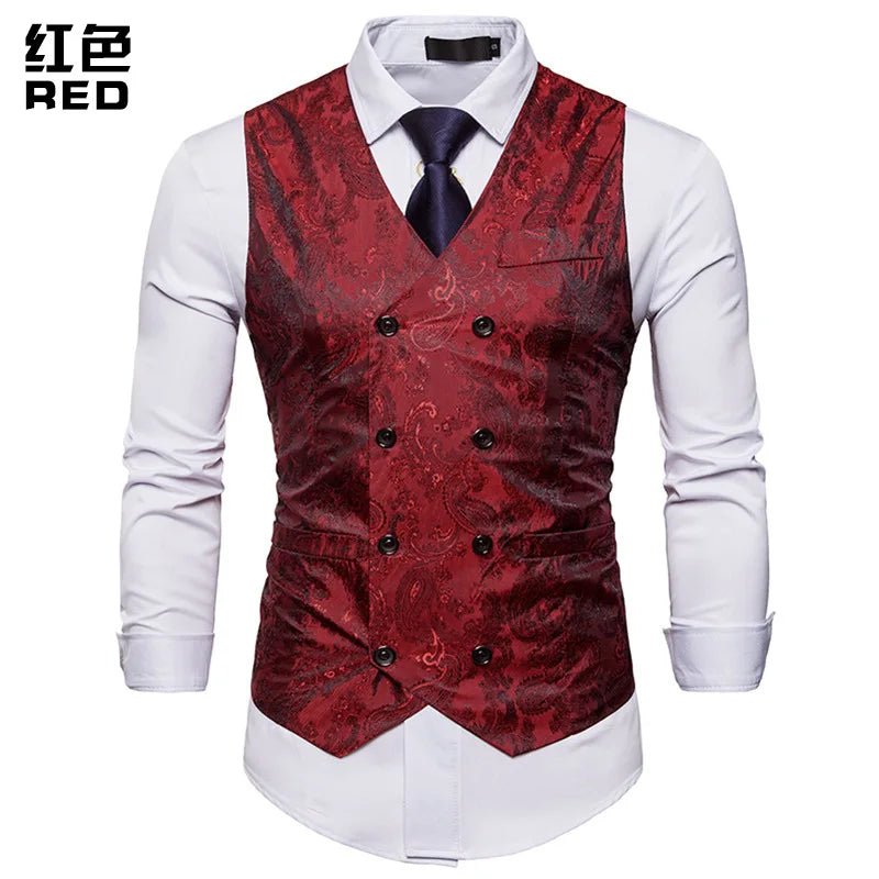 Men's Red Paisley Double Breasted Dress Vest 2024 Brand New Slim Fit Formal Business Sleeveless Waistcoat Men Chaleco Hombre 2XL