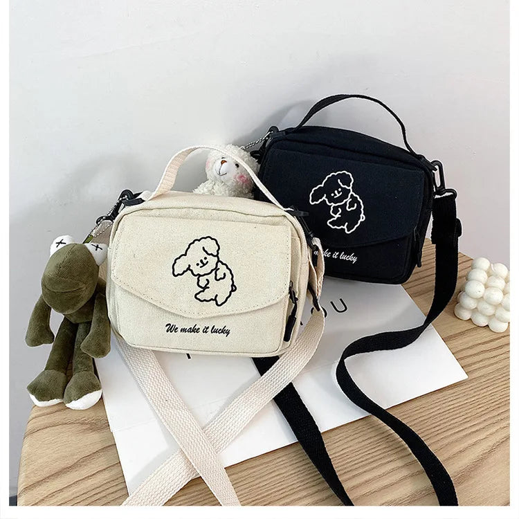 Ladies Fashion Canvas Small Square Bag Korean Version Multifunctional Cute Dog One-shoulder Diagonal Mobile Phone Package