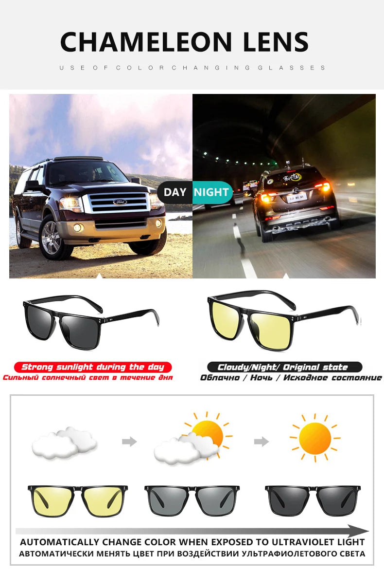 Brand Rivet Square Photochromic Sunglasses Men Polarized Women Driving Sun Glasses Day Night Vision Anti-Glare zonnebril heren