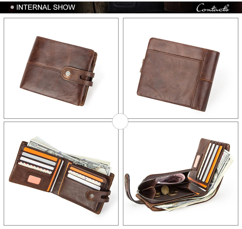 CONTACT'S Casual Men Wallets Crazy Horse Leather Short Coin Purse Hasp Design Wallet Cow Leather Clutch Wallets Male Carteiras