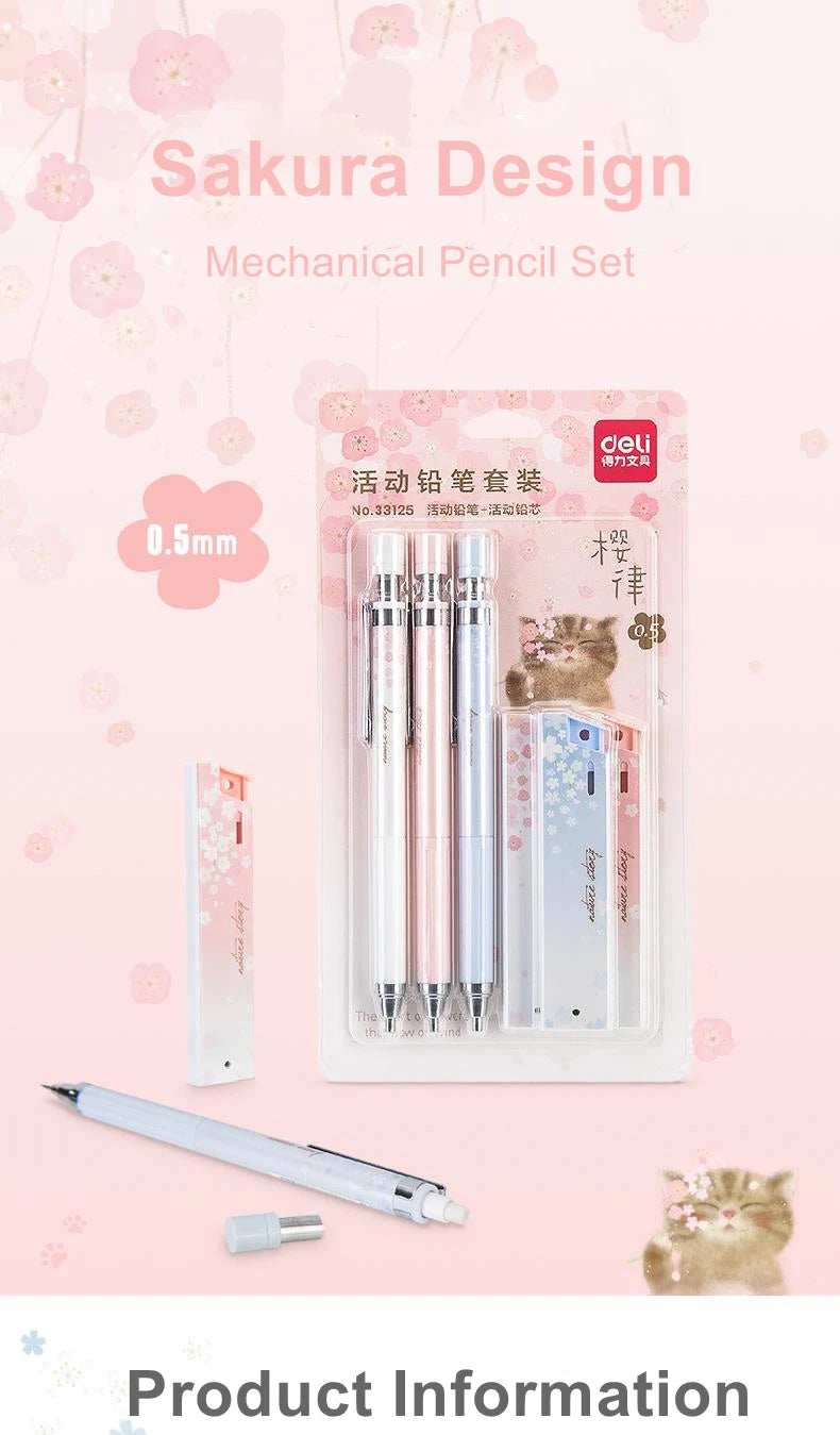 DELI Mechanical Pencil Set With HB Lead Replacement Retractable Pencils Refill for Students Stationery