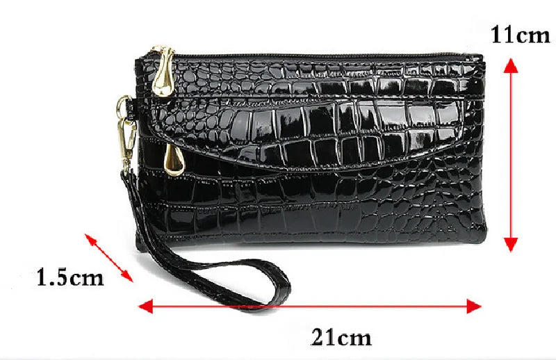 Portefeuilles en cuir verni pour femmes, portefeuille long à double fermeture éclair, pochette design, porte-monnaie rouge, porte-monnaie en crocodile