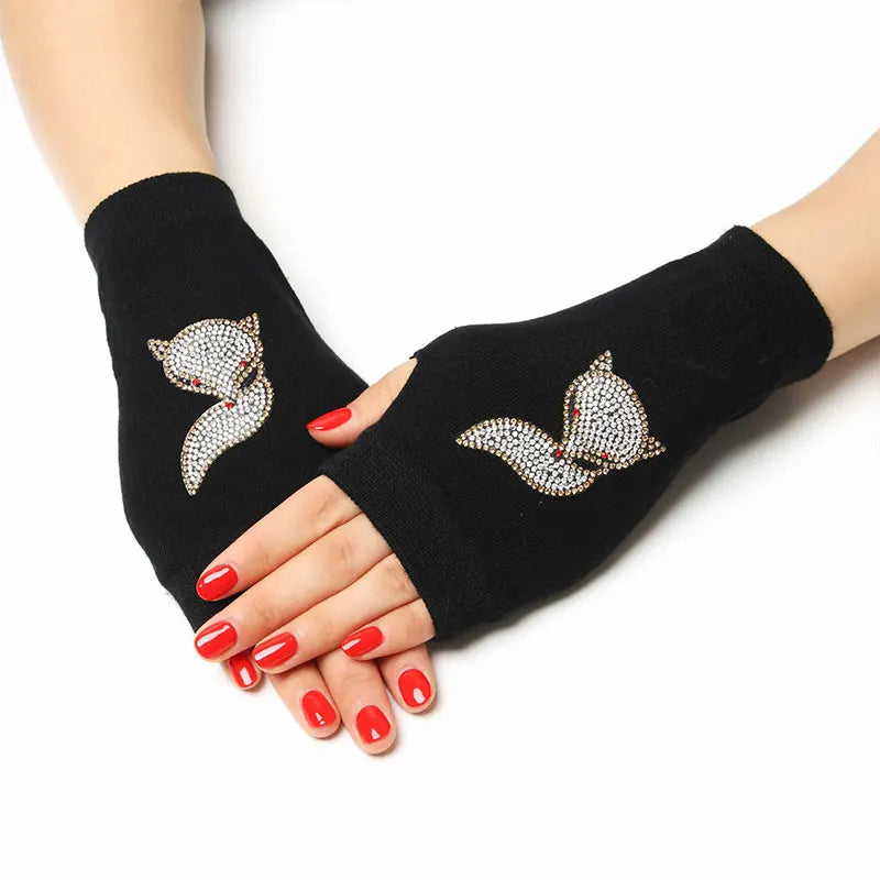 Jolis gants tricotés sans doigts à motifs d'animaux de dessin animé, diamants, paillettes, cool pour les gants de personnalité créatifs d'hiver pour femmes