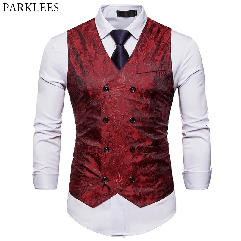 Men's Red Paisley Double Breasted Dress Vest 2024 Brand New Slim Fit Formal Business Sleeveless Waistcoat Men Chaleco Hombre 2XL