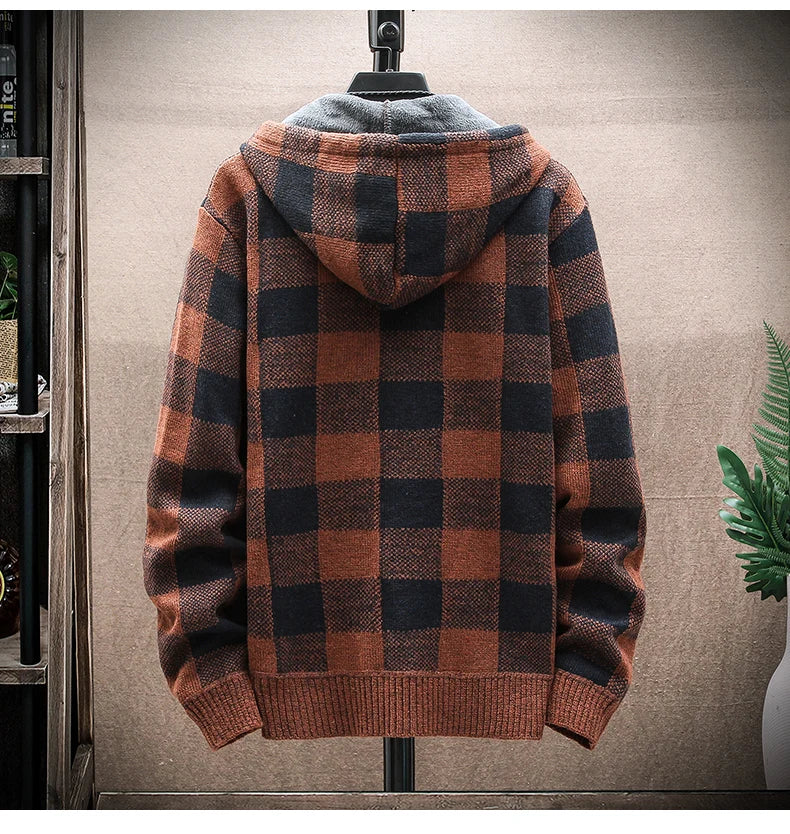 Pull à carreaux d'hiver pour hommes, nouveau cardigan à capuche, manteau froid, veste en laine à fermeture éclair, vêtements chauds d'automne en polaire, pull en tricot à carreaux