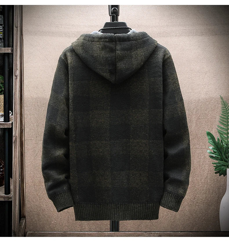 Pull à carreaux d'hiver pour hommes, nouveau cardigan à capuche, manteau froid, veste en laine à fermeture éclair, vêtements chauds d'automne en polaire, pull en tricot à carreaux